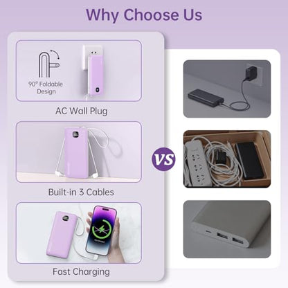 Portable Charger 10000mAh 22.5W Power Bank,Built-in 3 Cables & AC Wall Plug - color: Purple