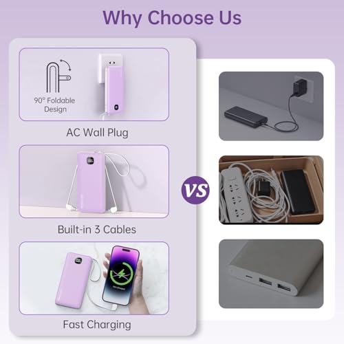 Portable Charger 10000mAh 22.5W Power Bank,Built-in 3 Cables & AC Wall Plug - color: Purple