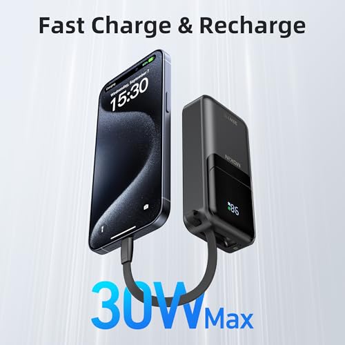 MOKiN Portable Charger, 10000mAh 30W Power Bank Fast Charging, Phone Battery Pack with Built in Cable, 4 Outputs, Travel Compact Powerbank USB C for iPhone iPad Pro MacBook Air Samsung