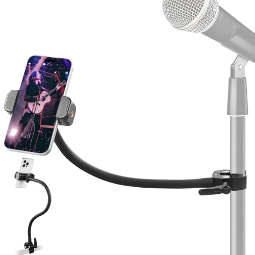 Mic Stand Phone Holder, 17.7" Flexible Gooseneck Phone Holder, 360° Adjustable Phone Mount for Music Stand/Stroller/Treadmill/Spin Bike/Exercise Bicycle, Compatible with 4-7" iPhone/Android Devices
