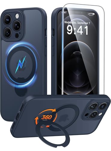 FNTCASE for iPhone 12 Pro Max Case with 360 Spin Magnetic Stand Deep Blue | Compatible with Magsafe,Screen Protector,Full Camera Protection,Translucent Matte Military Grade Shockproof Phone Cover - color: Deep Blue, size: For Iphone 12 Pro Max 6.7 Inch