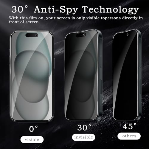 [2+2 Pack] Privacy Screen Protector for iPhone 15, Anti-Spy Shatterproof Tempered Glass with Camera Lens Tempered Glass 9H Hardness Bubble Free Anti-Glare Case Friendly