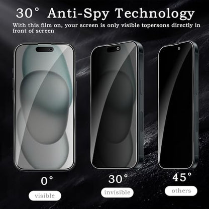 [2+2 Pack] Privacy Screen Protector for iPhone 15, Anti-Spy Shatterproof Tempered Glass with Camera Lens Tempered Glass 9H Hardness Bubble Free Anti-Glare Case Friendly
