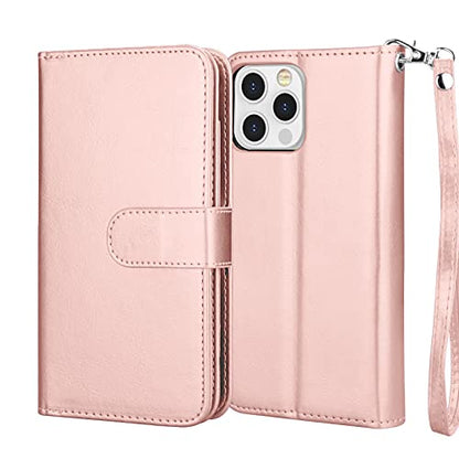 NJJEX iPhone 13 Mini Wallet Case, 9 Card Slots, Rose Gold | PU leather, ID Credit Card Holder, detachable folio flip, magnetic cover, kickstand, lanyard included - color: Rose Gold