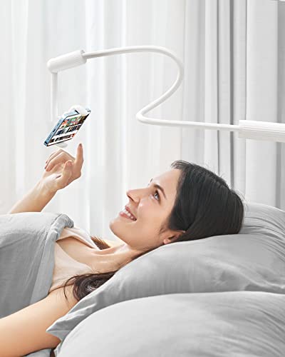 SAIJI Gooseneck Phone Holder for Bed, 360° Rotate Support Rod One-Hand Adjustable Cell Phone Stand, Compatible with All 4.7-7" Devices (White) - color: White