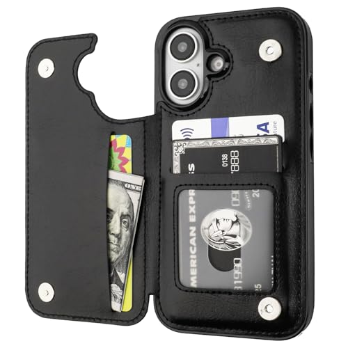 ONETOP for iPhone 16 Wallet Case with Credit Card Holder,Black | Kickstand,ID/Cash Holder,Case Wallet with Card Slots,Double Magnetic Clasp,Durable PU Leather Shockproof Cover for Women Men - color: Black