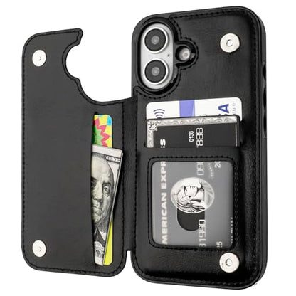 ONETOP for iPhone 16 Wallet Case with Credit Card Holder,Black | Kickstand,ID/Cash Holder,Case Wallet with Card Slots,Double Magnetic Clasp,Durable PU Leather Shockproof Cover for Women Men - color: Black