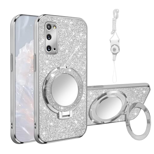for Samsung Galaxy S20 Case [MagSafe Compatible] Glitter Card Clear Back Cover with Ring Kickstand, Lanyard, Mirror Soft TPU Protective Cover for Samsung S20 Phone Case, Silver - color: Silver, size: Samsung Galaxy S20