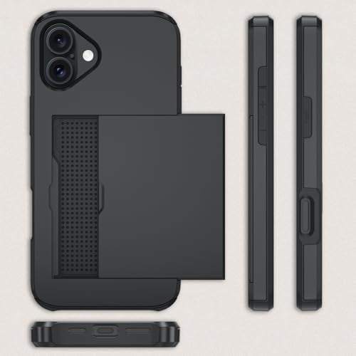 Qinmay Compatible with iPhone 16 Case with Card Holder, Dual Layer Shockproof,Heavy Duty Protective Hidden Slot Slim Wallet Phone Cover ，Black - color: Black, size: for iPhone 16