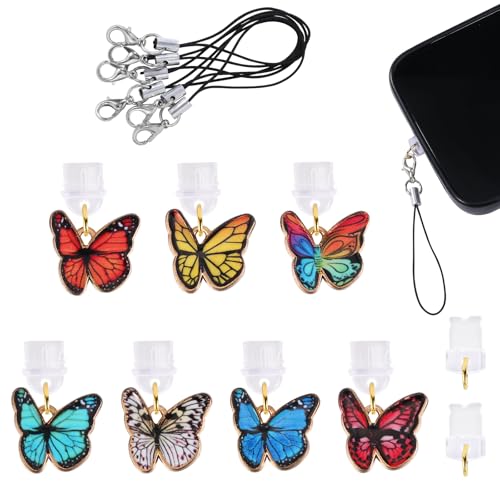 7 Pcs Type C Dust Plug Charm Cute Cell Phone Charms Mobile Dustproof Plugs with Charms for Most Type C USB C Cell Phone(Alloy Butterfly) - color: Red+blue