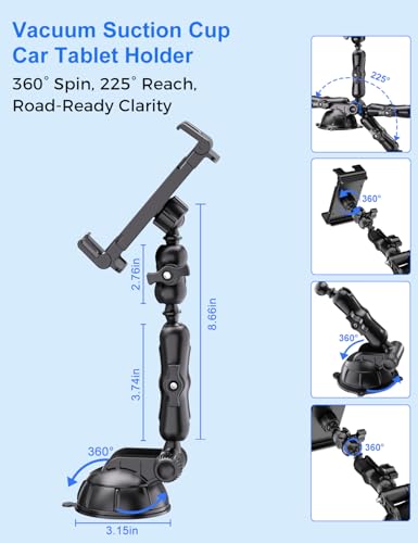 PLDHPRO Tablet Car Mount for Dashboard & Windshield, Heavy Duty iPad Holder for Truck, 360° Adjustable Suction Cup Stand Fits 5.5–14.6” Tablets & Phones, Stable for GPS & Road Trips - size: 8.7 in Arm