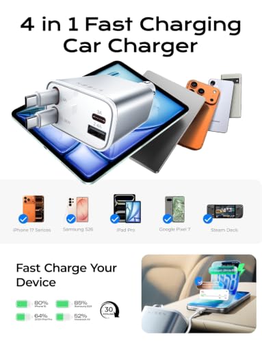 LISEN Retractable Car Charger USB C Fast Charge for iPhone 17 16 15 Pro Max - color: White