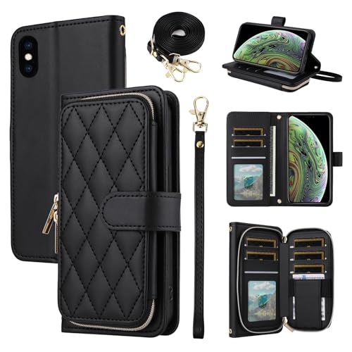 Argyle Wallet Case for iPhone Xs X 10 10s with Wrist Strap Shoulder Strap Card Slot Zipper Purse, PU Leather Stand Phone Cover for iPhoneX iPhoneXs iPhone10 i PhoneX SX 10x 10xs X’s Black | Women, Wrist/Shoulder Strap Card Slot, PU Leather, Stand, Phone C