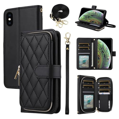 Argyle Wallet Case for iPhone Xs X 10 10s with Wrist Strap Shoulder Strap Card Slot Zipper Purse, PU Leather Stand Phone Cover for iPhoneX iPhoneXs iPhone10 i PhoneX SX 10x 10xs X’s Black | Women, Wrist/Shoulder Strap Card Slot, PU Leather, Stand, Phone C