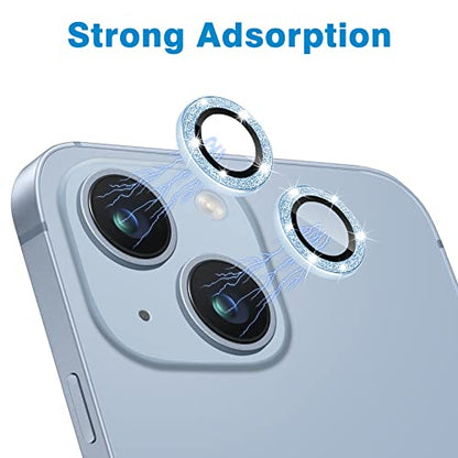 for iPhone 14 & iPhone 14 Plus Camera Lens Protector, Bling Glitter Diamond Lens Cover 9H Tempered Glass Camera Cover Anti Scratch Lens Protector Individual Lens Ring - 2PCS Glitter Blue - color: Blue Glitter