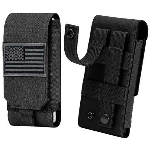 Tactical Molle Phone Cover Case, Heavy Duty Loop Belt Holster Pouch with Flag Patch for iPhone 17 Pro Max/Air/17 Pro/17/16 Pro Max/15 Pro Max/14 Pro Max/13 Pro Max, for Galaxy S26 Ultra - color: Black