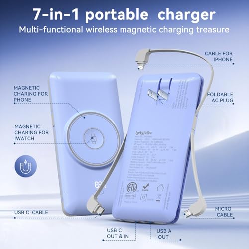 Magnetic 10000mAh Portable Charger for iWatch & iPhone, PD Fast Charging Wireless Power Bank Built-in Cables and Wall Plug, External Travel Battery Pack Compatible with iOS Android Phones - color: Blue