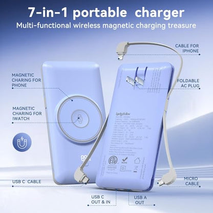 Magnetic 10000mAh Portable Charger for iWatch & iPhone, PD Fast Charging Wireless Power Bank Built-in Cables and Wall Plug, External Travel Battery Pack Compatible with iOS Android Phones - color: Blue