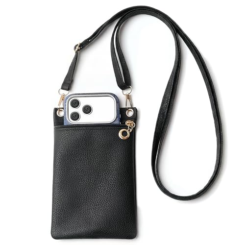 Cell Phone Purse, Black PU Leather Phone Bag for Women and Girls, Crossbody Phones Wallet With Shoulder Strap for Shopping, 7.5 x 5 Inches