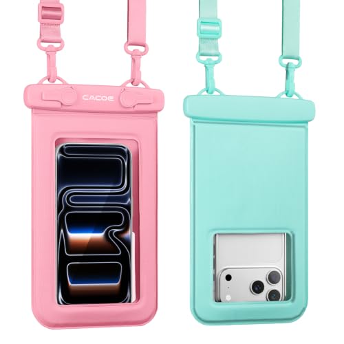 CACOE Floatable Waterproof Phone Pouch 2 Pack Up to 9.0", Pink+Green | Floatable, IPX8 Waterproof Phone Case,Adjustable Lanyard,Dry Bags for Beach/Cruise/Travel/Camping/Kayak/Vacation Essentials - color: Pink+Green#1, size: Up to 9.0"-Floatable