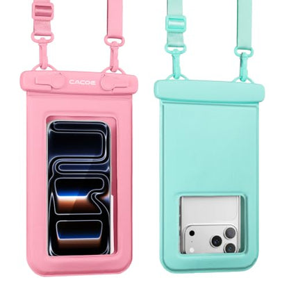 CACOE Floatable Waterproof Phone Pouch 2 Pack Up to 9.0", Pink+Green | Floatable, IPX8 Waterproof Phone Case,Adjustable Lanyard,Dry Bags for Beach/Cruise/Travel/Camping/Kayak/Vacation Essentials - color: Pink+Green#1, size: Up to 9.0"-Floatable