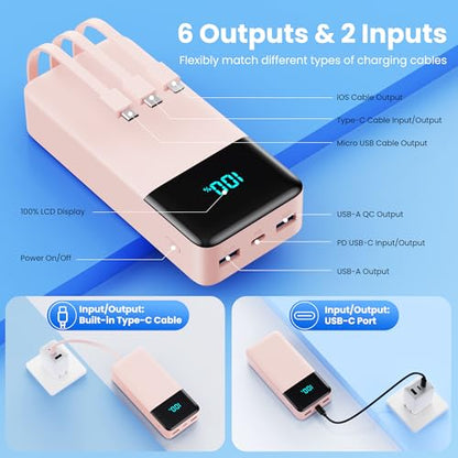 Portable Charger 50800mAh Power Bank with 3 Built in Cables,25W PD QC4.0 Fast Charging USB C Battery Pack,6 Outputs 2 Inputs Travel Essentials Phone Charger for iPhone 18/17/16/15/Pro,Android,Pink - color: Pink