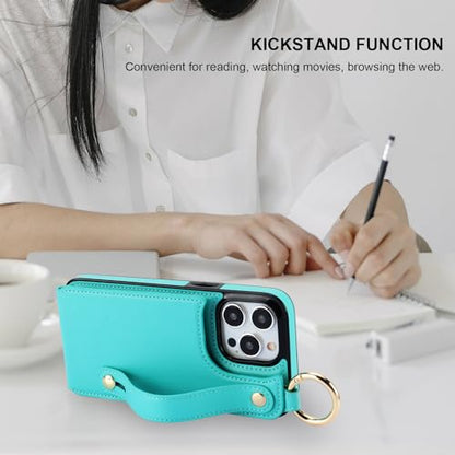 Folosu for iPhone 15 Pro Max Wallet Case with Card Holder, Hand Wrist Strap Loop Holder Kickstand, RFID Blocking Finger Grip Ring PU Leather Double Buttons Shockproof Cover 6.7" Green - color: Mint Green