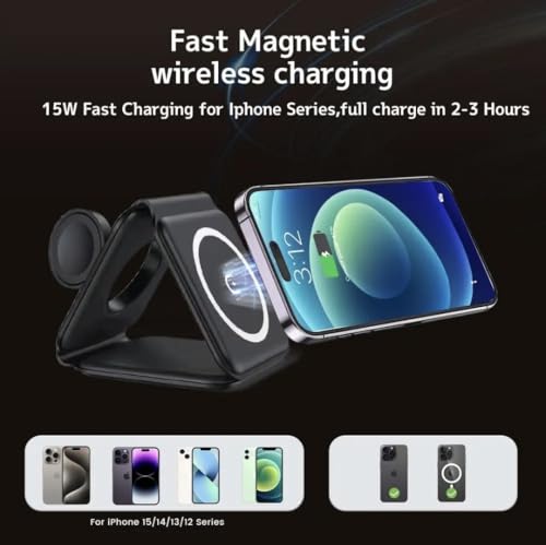 Charging Station is Compatible with Apple Multiple Devices - 3 in 1 Foldable Magnetic Wireless Charger Dock-Travel Charging Pad for iPhone 16 15 14 13 12 Pro Max Plus Watch & Airpods. (Black).