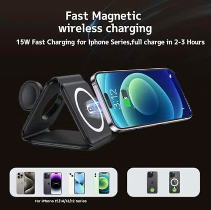 Charging Station is Compatible with Apple Multiple Devices - 3 in 1 Foldable Magnetic Wireless Charger Dock-Travel Charging Pad for iPhone 16 15 14 13 12 Pro Max Plus Watch & Airpods. (Black).