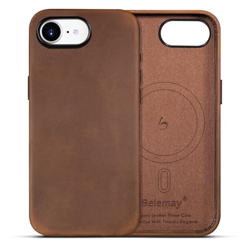Belemay Handcrafted Crazy Horse Leather Case for iPhone 17e / iPhone 16e, Compatible with MagSafe, Vintage Aesthetic, Two-Tone Effect, Unique Patina, Metal Buttons Cover (6.1"), Vintage Brown - color: Vintage Brown
