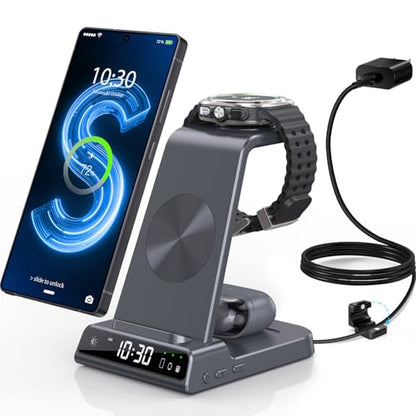 Wireless Charger for Samsung S25 with Clock 3 in 1 Android Charging Station - color: Grey
