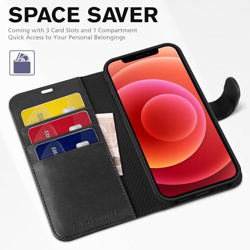TUCCH Wallet Case for iPhone 12 Pro/iPhone 12 (6.1"), 3 Card Holders, Black | RFID Blocking, Viewing Stand, Shockproof TPU Shell, PU Leather, Magnetic Closure, Protective Folio Flip Cover - color: Black