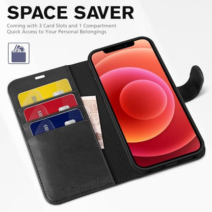 TUCCH Wallet Case for iPhone 12 Pro/iPhone 12 (6.1"), 3 Card Holders, Black | RFID Blocking, Viewing Stand, Shockproof TPU Shell, PU Leather, Magnetic Closure, Protective Folio Flip Cover - color: Black