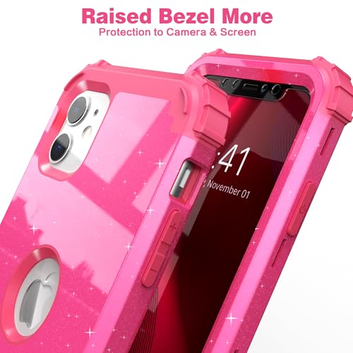 IDweel for iPhone 11 Case with Screen Protector(Tempered Glass), Hybrid 3 in 1 Shockproof Slim Fit Heavy Duty Protection Hard PC Cover Soft Silicone Bumper Full Body Case,Glitter Rose Red - color: Glitter Rose Red