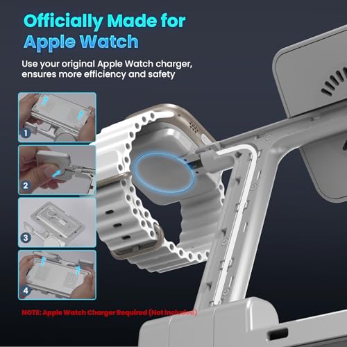 Magnetic 3 in 1 Wireless Station Foldable: JoyGeek MagSafe Charging Stand for iPhone 17 Air 16 Pro 15 Max, Apple Watch SE 2, AirPods Pro 3 (Gray) - color: Silver