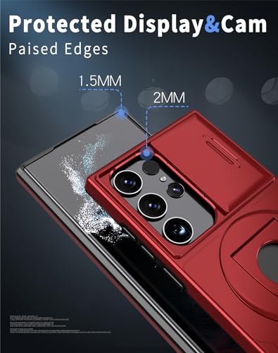 ANNGELAS for Samsung Galaxy S23 Ultra Mag Safe Kickstand Case with Slide Camera Cover,Slim Shockproof Military Heavy Duty Anti Drop Full Body Protection,360 Rotating Stand Magnetic Phone Case(Red) - color: Magnetic Stand Red