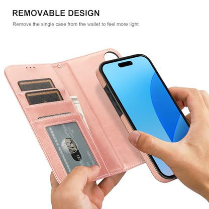 Bocasal Detachable Wallet Case Card Holder for iPhone 16 Plus, Rose Gold | RFID Blocking Kickstand Card Slots Holder PU Leather Magnetic Shockproof Wrist Strap Removable Flip Protective Cover 6.7 inch - color: Rose Gold