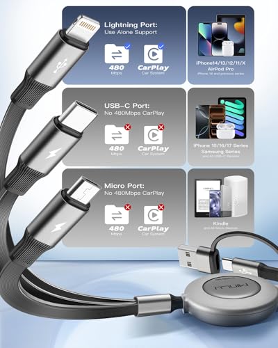 USBA/C Multi Charging Cable, Retractable Chargers for All Devices, 2Pcs 4Ft