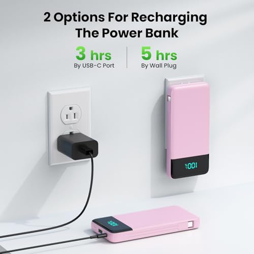 Portable Charger with Built-in AC Plug and Cables,13800mAh All in One USB C Fast Charging Power Bank,Travel Essentials Portable Phone Charger Battery Pack for iPhone 17/16/15/14/13,Galaxy,Android-Pink - color: Pink