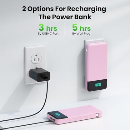 Portable Charger with Built-in AC Plug and Cables,13800mAh All in One USB C Fast Charging Power Bank,Travel Essentials Portable Phone Charger Battery Pack for iPhone 17/16/15/14/13,Galaxy,Android-Pink - color: Pink