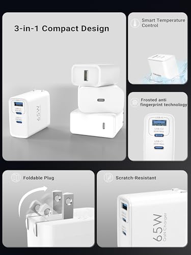 TOPADRE 65W USB C Charger Block,PD PPS 3 Ports GaN Charger Foldable Compact - color: White, size: 65W, style: 1-pack