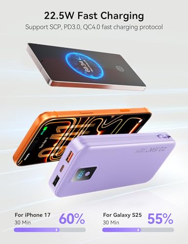 Portable Charger 12000mAh 22.5W w/Built-in Cable & Wall Plug Purple - color: Purple