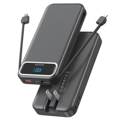 Nusyddy Portable Charger 12000mAh Fast Charging w/Built-in Wall Plug Black - color: Ebony