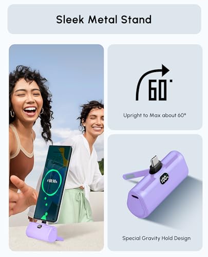 Handy Purple USB C Power Bank Portable Phone Charger With Stand, 5000mah Mini Battery Pack Backup Charger with Digital Display for iPhone 17/16/15 series, Littile Mobile Charger for Samsung/Google/LG - color: Purple