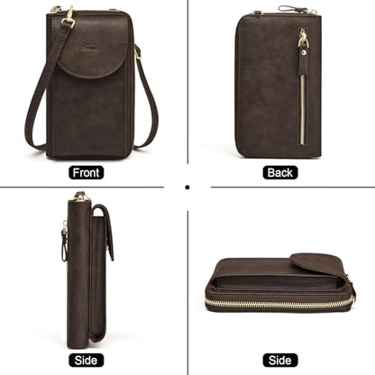 S-ZONE Small Crossbody Bags for Women Phone Purse RFID Blocking Wallet | Card Slots, Vegan Leather, Anti-theft, Multi Pockets, Detachable Adjustable Strap, Travel Eveyday Outing - color: Retro Coffee