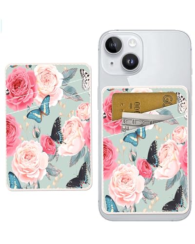 Dual Pocket Leather Phone Wallet Adhesive Stick On, Cute Card Holder for Credit Cards, Compatible with Most Phones - Cute Rose Butterfly - color: Cute Rose Butterfly