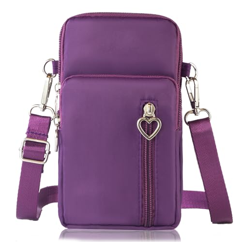 Small Crossbody Bag for Women, Multi Zip Pockets Nylon Wallet Purse Credit Card Holder with Detachable Hand Strap - color: Purplered