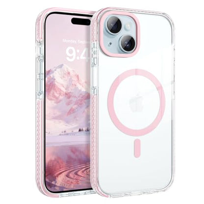 GUAGUA Magnetic for iPhone 15 Case, [Compatible with Magsafe] Military Shockproof Protective Bumper Cute Transparent Slim Anti-Yellowing Phone Cover for iPhone 15 6.1", Clear Pink - size: iPhone 15