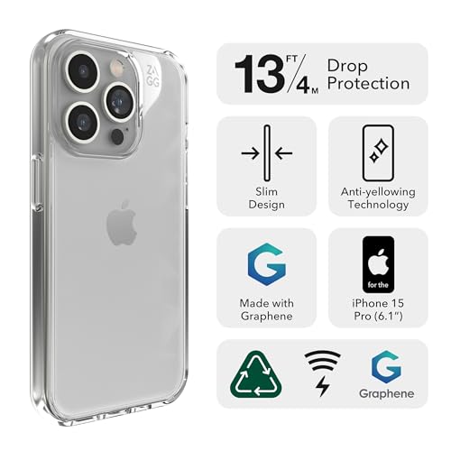 ZAGG Crystal Palace iPhone 15 Pro Phone Case - Drop Protection (13ft/4m), Anti-Yellowing & Scratch-Resistant iPhone Case, Wireless Charging Compatibility, Clear - size: iPhone 15 Pro, style: Without Magsafe