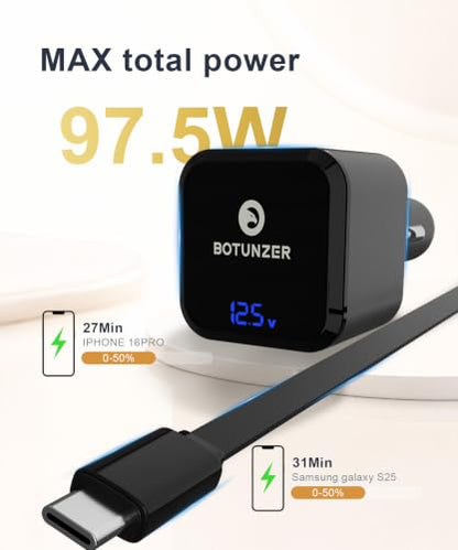 97.5W Retractable Car Charger with Real-Time Voltage Display, 3 in 1 Fast USB C Car Charger Built-in 27in Retractable Cable for iPhone 12-17 Pro Max, Samsung Galaxy S25, Android
